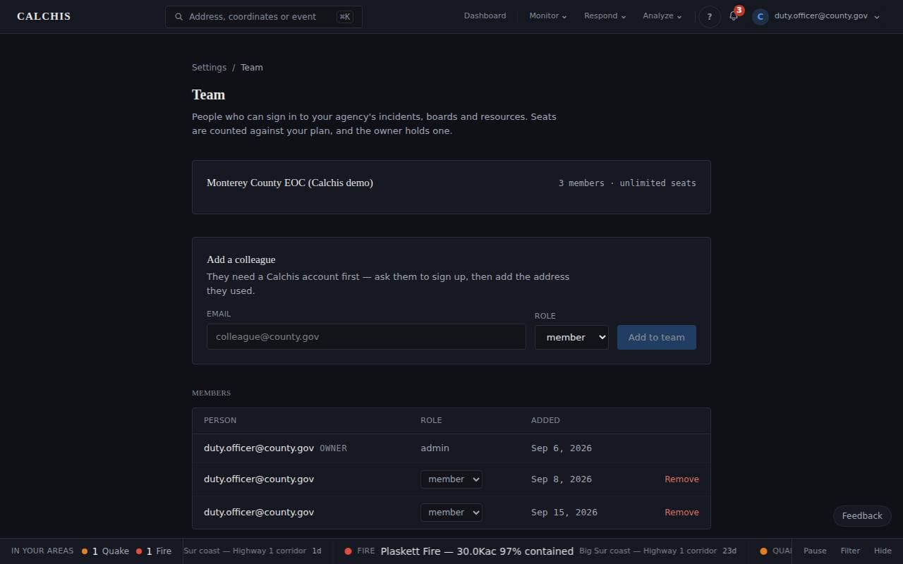 The Team settings page with the agency's name, seats in use, the add-a-colleague form and the members list.