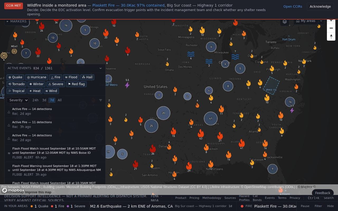 The red CCIR met banner across the top of the map naming a wildfire in a monitored area and the decision it forces.