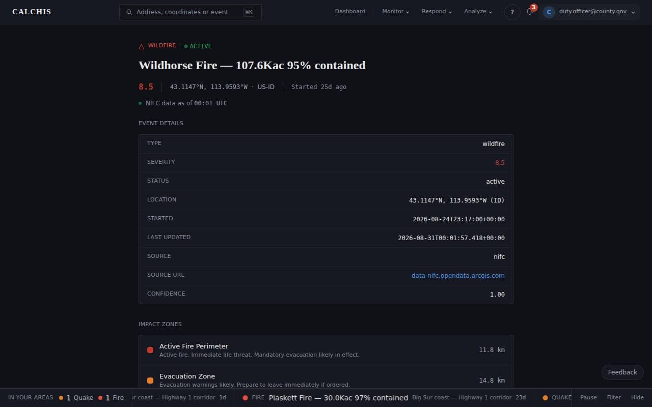 An event page header for an active wildfire: severity, coordinates, start time and the NIFC data freshness line, above the event details table.