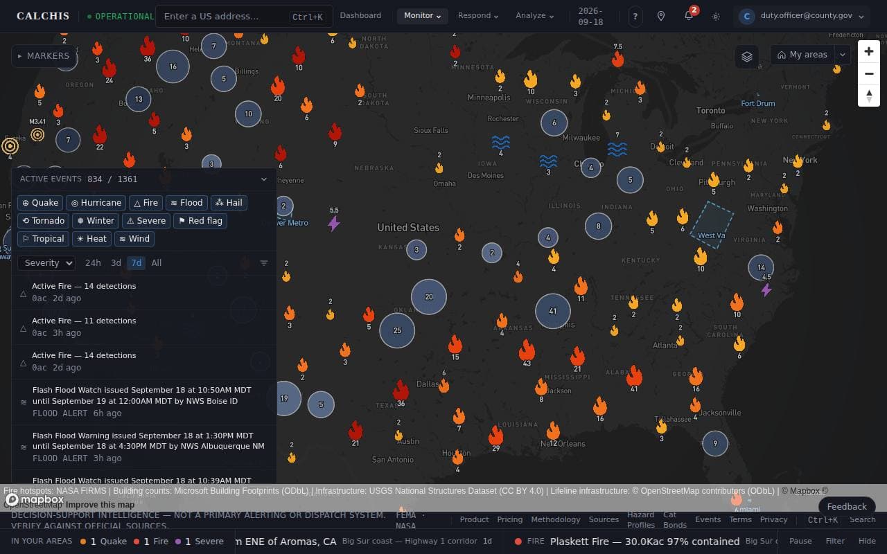 The activity ticker along the bottom of the map, with counts by peril on the left and scrolling event rows to the right.