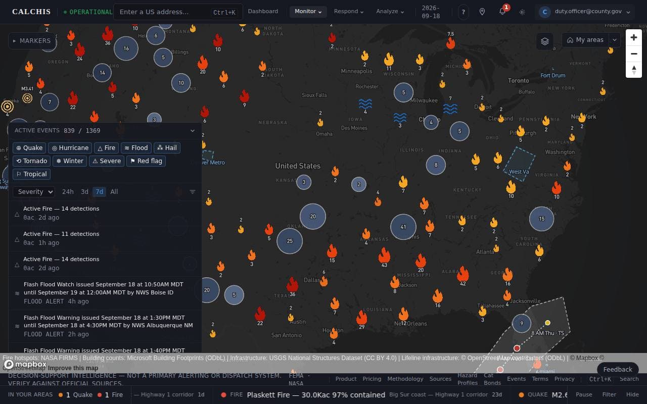 The live map of the United States with event markers, the event list on the left and the ticker along the bottom.